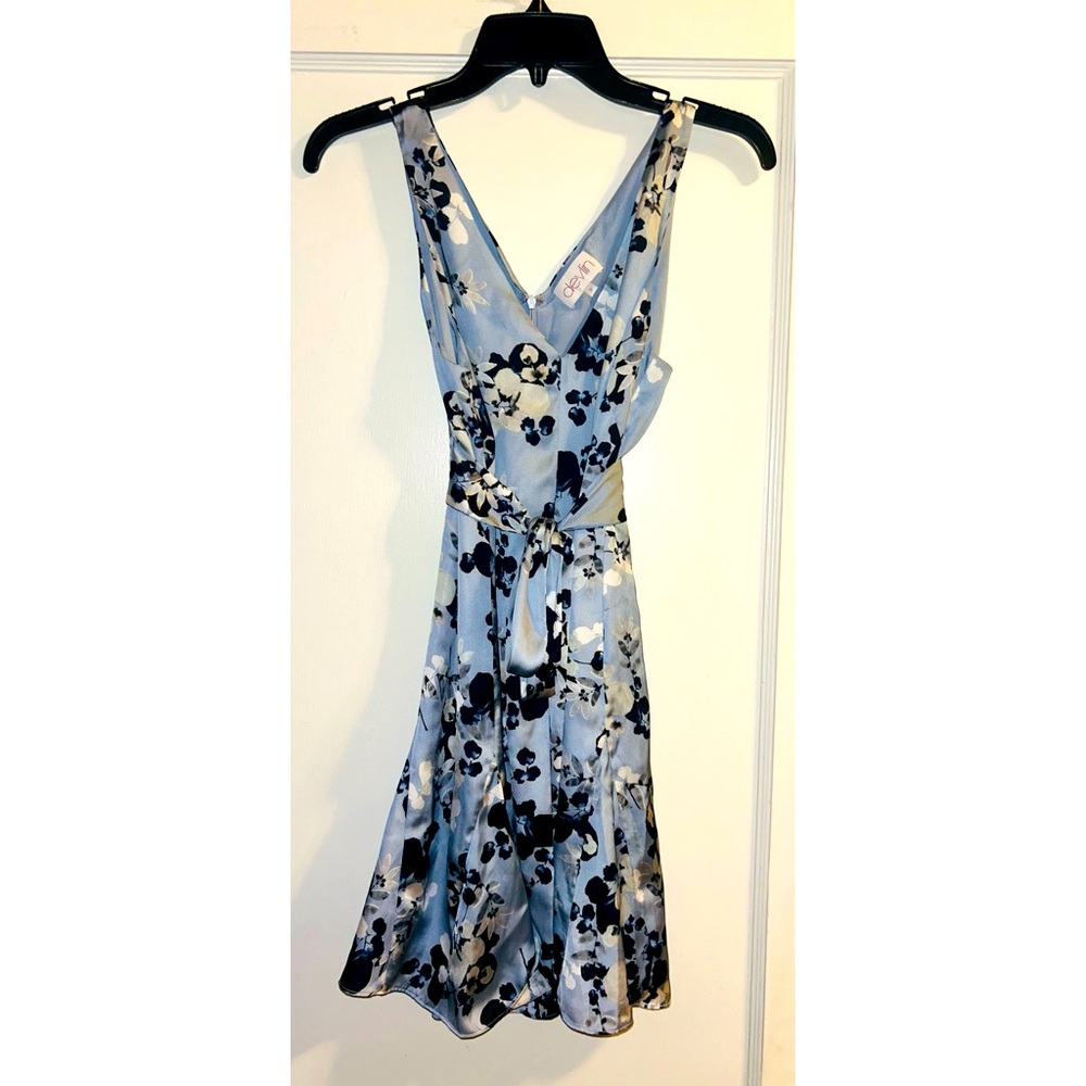 Devlin Blue Satin Floral Tie Waist Surplice Dress Size 2